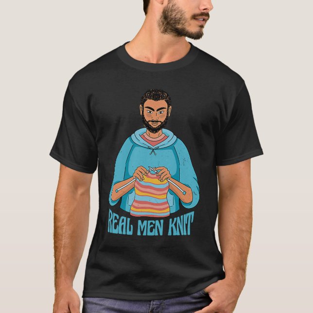 Real Men Knit Knitting Cool Men  Sarcastic Retro T-Shirt (Front)