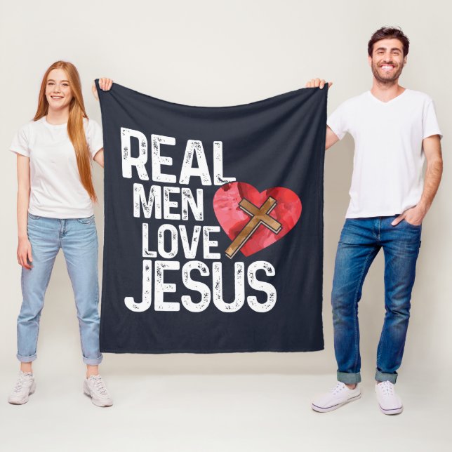 Real Men Love Jesus Heart Cross Fleece Blanket (In Situ)