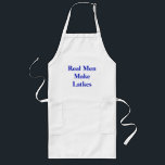 Real Men Make Latkes<br><div class="desc">Show them you’ve got what it takes! White apron has the phrase “real men make latkes” in bold blue letters. See the entire Hanukkah Apron collection under the HOME category in the HOLIDAYS section.</div>