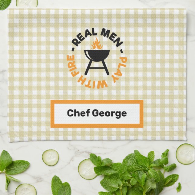 Real Men Play With Fire Barbecue Grill Tea Towel (Folded)