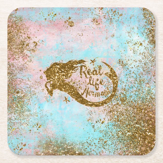 Real Mermaid Life- Glitter Gold Mermaid Square Paper Coaster (Front)