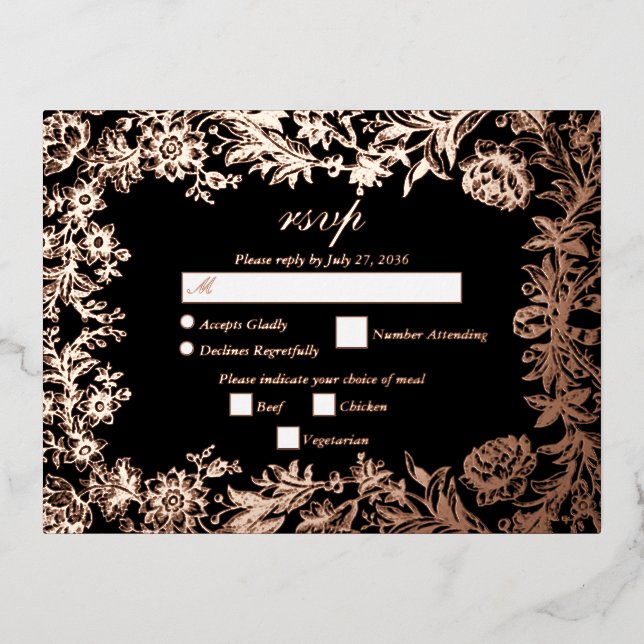 Real Rose Gold Floral Black Wedding RSVP Foil Invitation Postcard (Front)