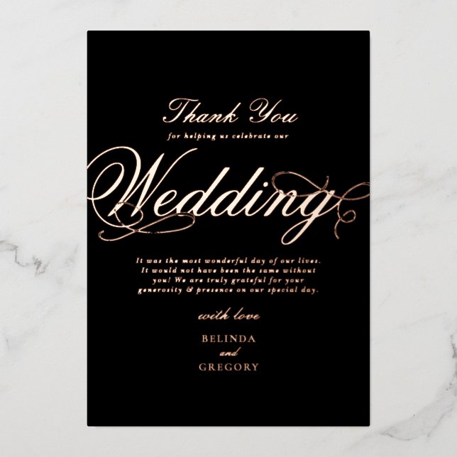 Real Rose Gold Foil Black Wedding Thank You (Front)