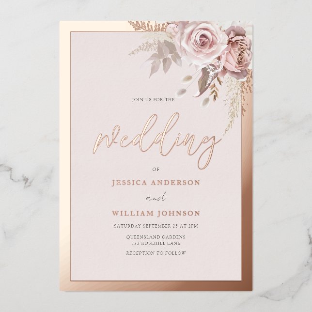Real Rose Gold Foil Border Blush Floral Wedding (Front)