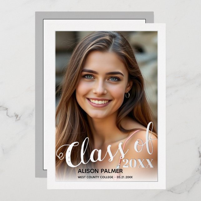 Real silver foil Class of 2026 script photo (Front/Back)