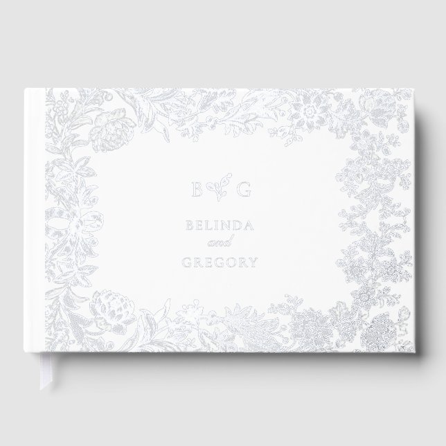 Real Silver Foil Elegant Floral Botanical Wedding Guest Book (Front)