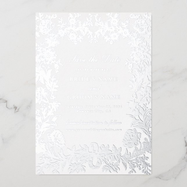 Real Silver Foil Floral Wedding Save the Date Card (Front)
