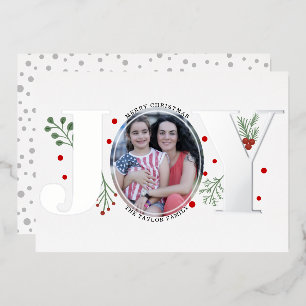 Real silver foil Joy with berries Christmas photo