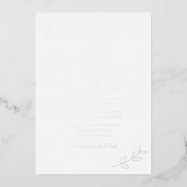 Real Silver Foil Leaves Elegant Monogram Wedding (Front)