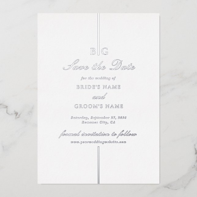 Real Silver Foil Monogram Wedding Save the Date (Front)