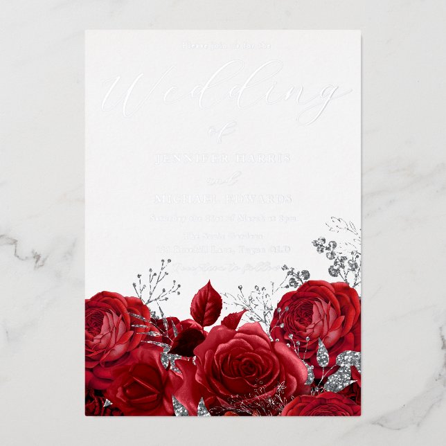 Real Silver Foil Red Roses Wedding (Front)