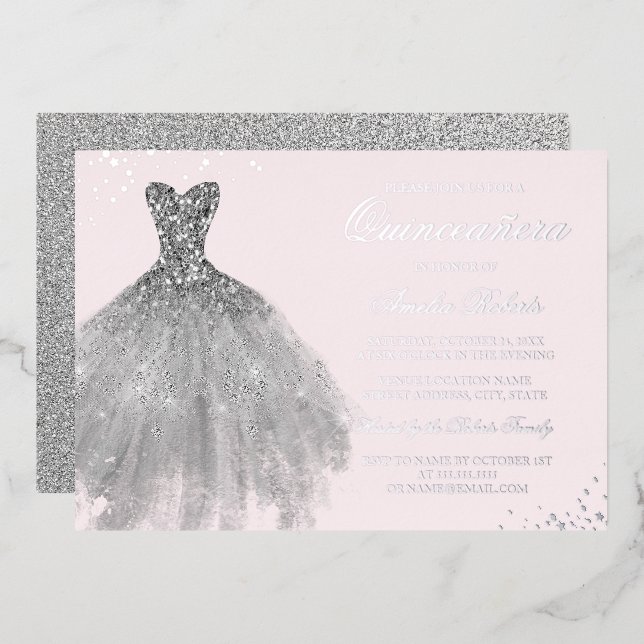 REAL SILVER FOIL Sparkle Dress Pink Quinceanera (Front/Back)