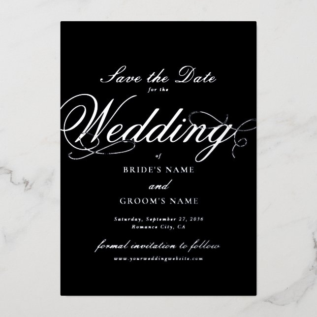 Real Silver Foil Wedding Black Save the Date (Front)