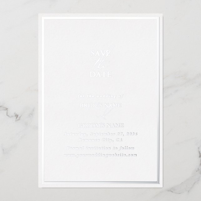 Real Silver Foil White Wedding Save the Date (Front)