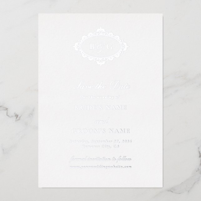Real Silver Foil White Wedding Save the Date  (Front)