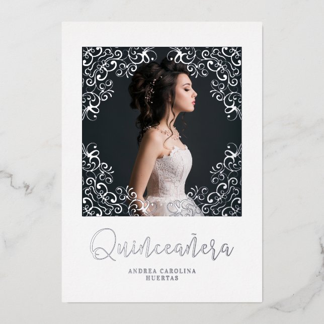 Real Silver Metallic Effect Quinceañera Photo (Front)