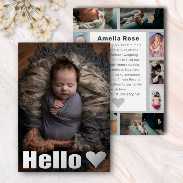 Real Silver Photo Collage Hello Baby Announcement (Creator Uploaded)