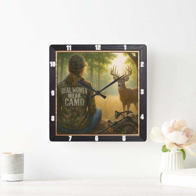Real Women Camo Huntress Forest Square Wall Clock (Home)