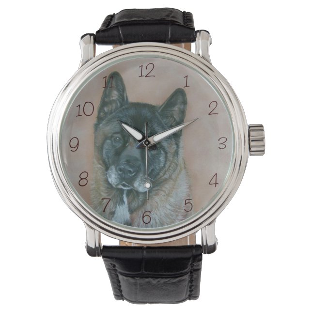 realist portrait painting of black face akita dog watch (Front)