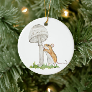 Realistic a funny field mouse and mushroom ceramic tree decoration