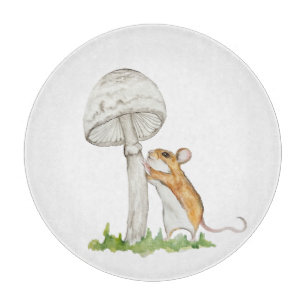 Realistic a funny field mouse and mushroom cutting board