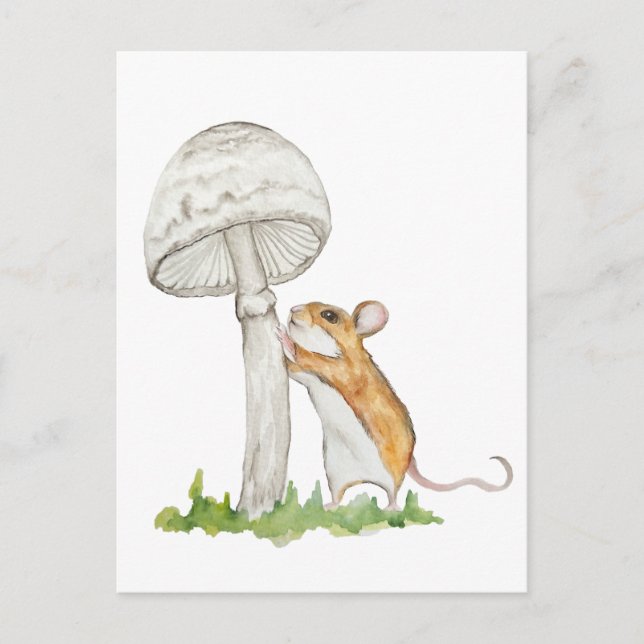 Realistic a funny field mouse and mushroom postcard (Front)