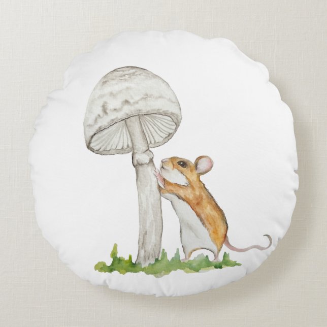 Realistic a funny field mouse and mushroom round cushion (Front)
