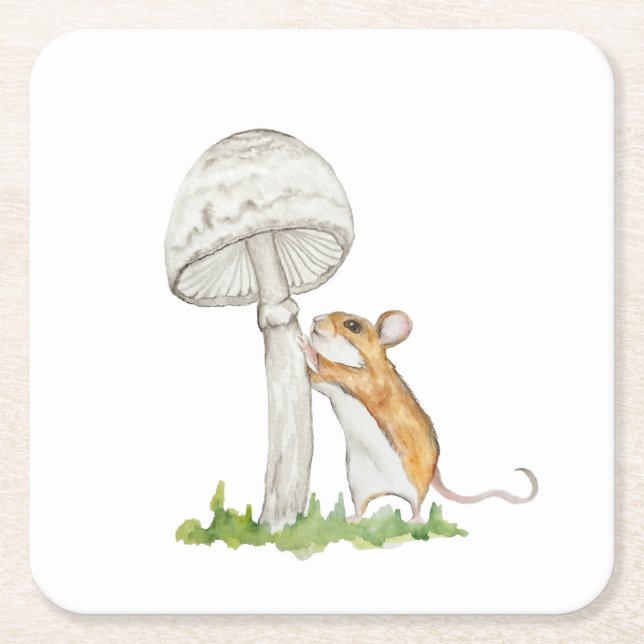 Realistic a funny field mouse and mushroom square paper coaster (Front)