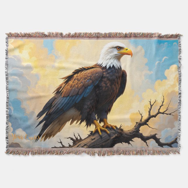 Realistic Bald Eagle Perched on Branch Sunset Throw Blanket (Front)