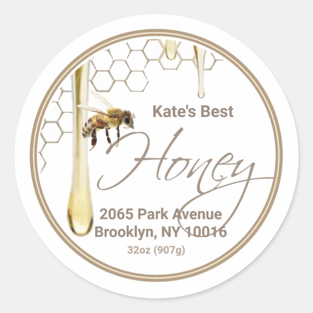 Realistic Bee Honeycomb Honey drip label white (Front)