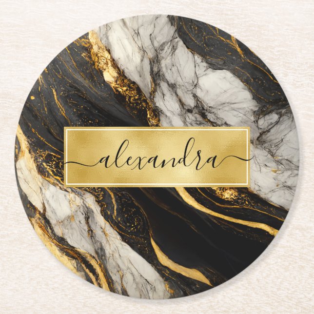 Realistic Black White Gold Marble Elegant Modern Round Paper Coaster (Front)