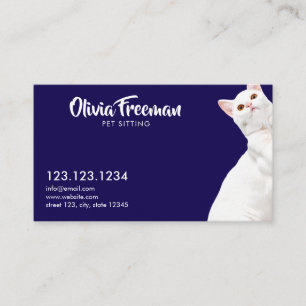 Realistic Blue & White Cat Picture Pet Sitting Business Card