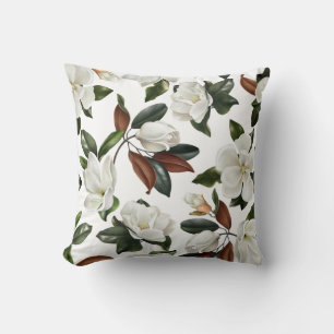 Realistic botanical magnolia flowers and leaves cushion