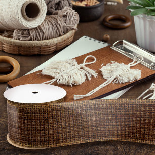 Realistic Burlap Texture Simple Rustic Dark Brown Satin Ribbon