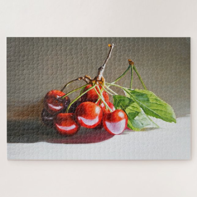 Realistic Cherry Still Life with Leaves Fine Art Jigsaw Puzzle (Horizontal)