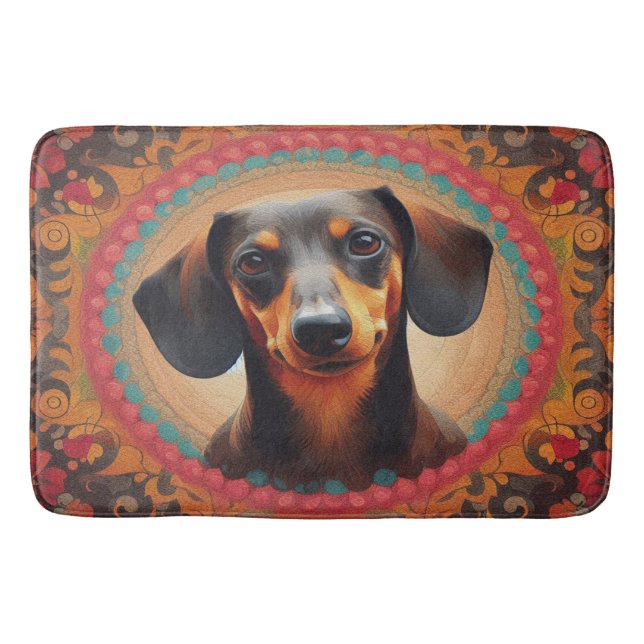 Realistic Colourful Border Cute Dachshund Dog love Bath Mat (Front)