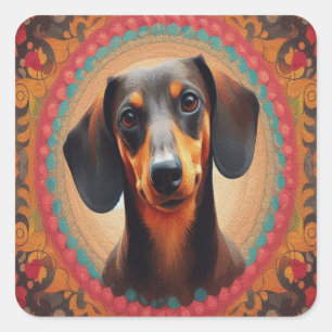 Realistic Colourful Border Cute Dachshund Dog love Square Sticker