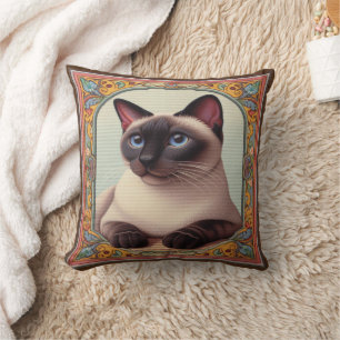 Realistic Cute Siamese Cat Colourful Floral Border Cushion