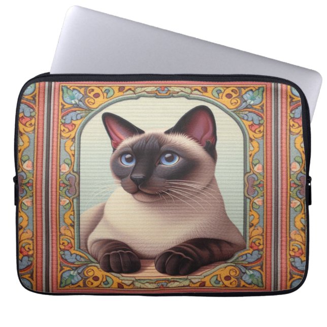 Realistic Cute Siamese Cat Colourful Floral Border Laptop Sleeve (Front)