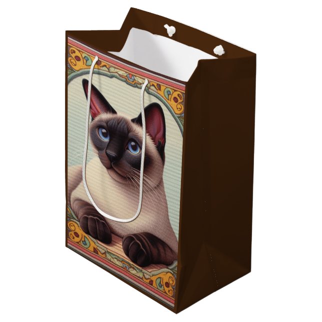 Realistic Cute Siamese Cat Colourful Floral Border Medium Gift Bag (Front Angled)