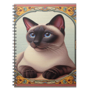 Realistic Cute Siamese Cat Colourful Floral Border Notebook