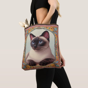 Realistic Cute Siamese Cat Colourful Floral Border Tote Bag