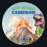 Realistic Dinosaurs and Volcano Custom Name Classic Round Sticker<br><div class="desc">This custom sticker label features a prehistoric dinosaur theme with realistic dino images. A picture of an exploding volcano is at the bottom, with dinosaurs roaming in front of it. A scary tyrannosaurus rex is running up from behind. The classic "Happy Birthday" greeting message and a sample name are printed...</div>