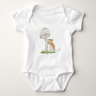 Realistic drawing of a funny field mouse and mushr baby bodysuit