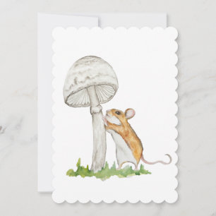 Realistic drawing of a funny field mouse and mushr invitation