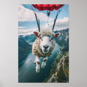 Realistic Go Pro Picture of a Sheep Using a Parach Poster
