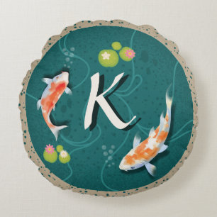 Realistic Green Japanese Koi Fish Pond Round Cushion