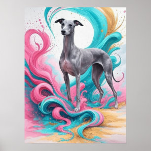Realistic Greyhound with Neon Colour Background Poster