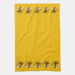 Realistic Honey Bees on Honeycomb Tea Towel