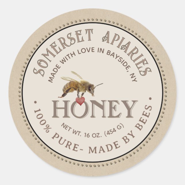 Realistic Honeybee with Heart on Kraft Honey Label (Front)